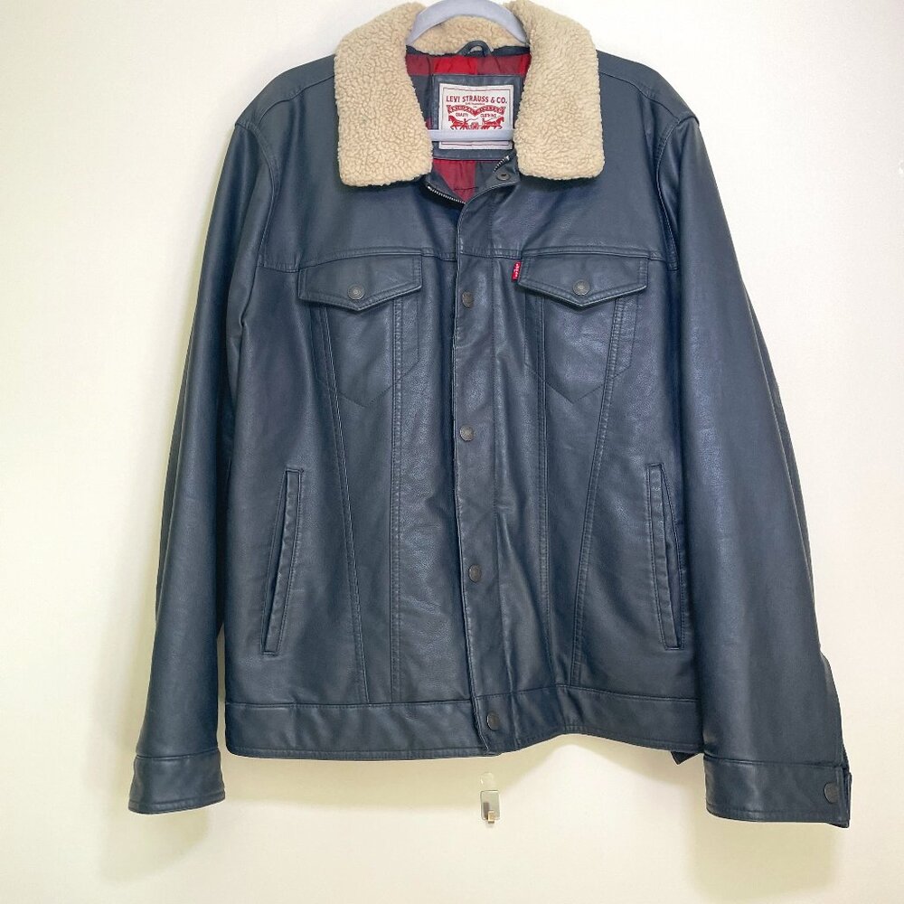 Men's XL Levi Strauss Black Faux Leather with Sherpa Collar Aviator Jacket